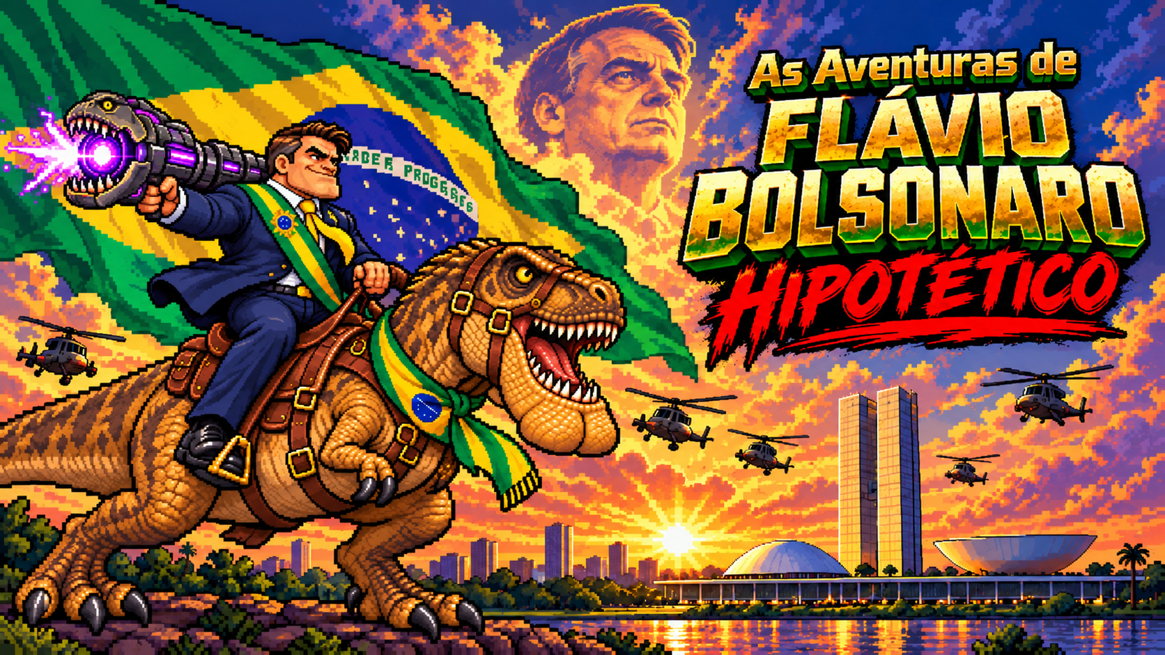 Flávio com a bazuca montado no dinossauro de queixo grande, bandeira do Brasil, Brasília e helicópteros, com Bolsonaro como lembrança no céu.